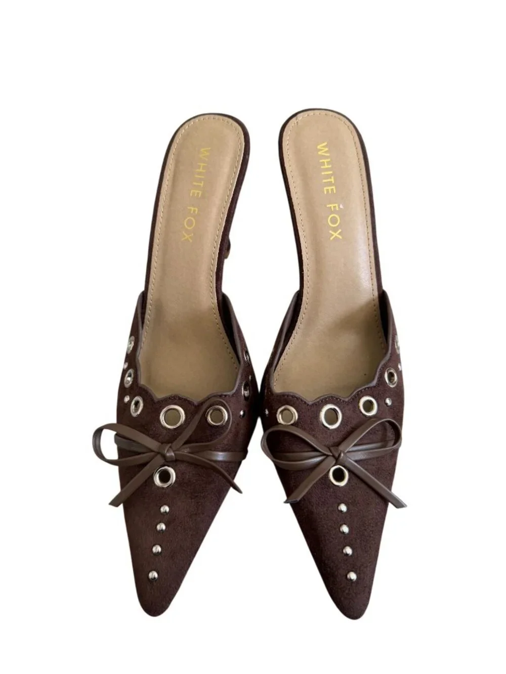 WHITE FOX Brown Faux Suede Bow Mules Heels Size 9 NEW NWOB